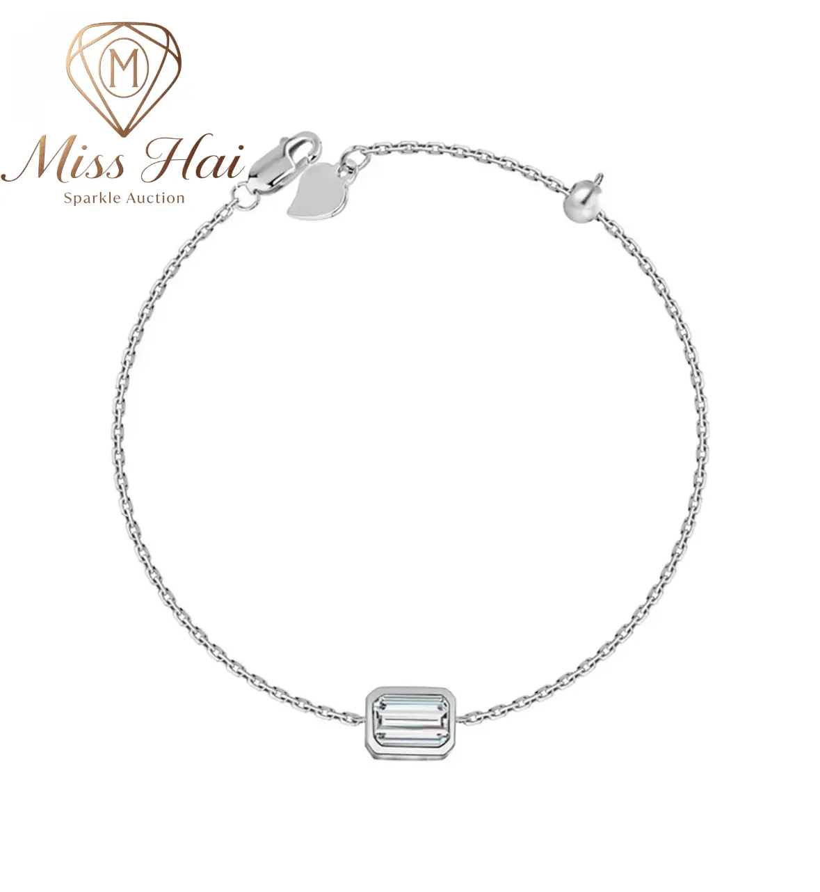 MISS HAI Polished S925 Sterling Silver Bracelet, 1ct Luminous Step‑Cut Synthetic Moissanite Bezel Setting Chain Jewelry, Ideal Present for Engagement Wedding Birthday Anniversary Xmas