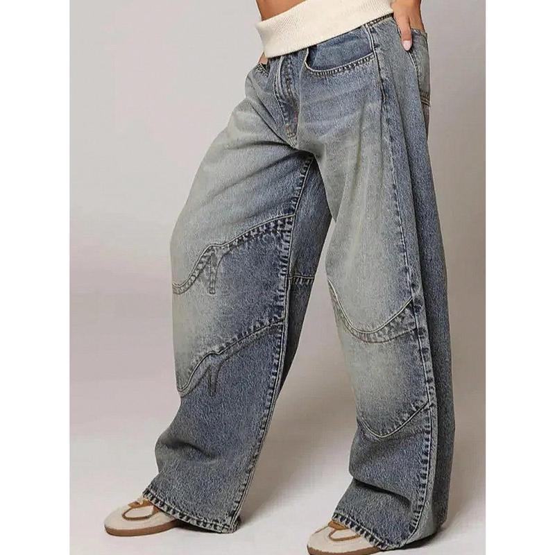 American-Style Vibe Ribbed Waistband Wide-Leg Jeans For Women, Street Style Hot Girl Straight Leg Loose Slimming Floor-Length Pants, Retro Washed Relaxed Feel Jeans, Low-Waisted Autumn And Winter New American Loose Straight Leg Pants, daily pants for wome