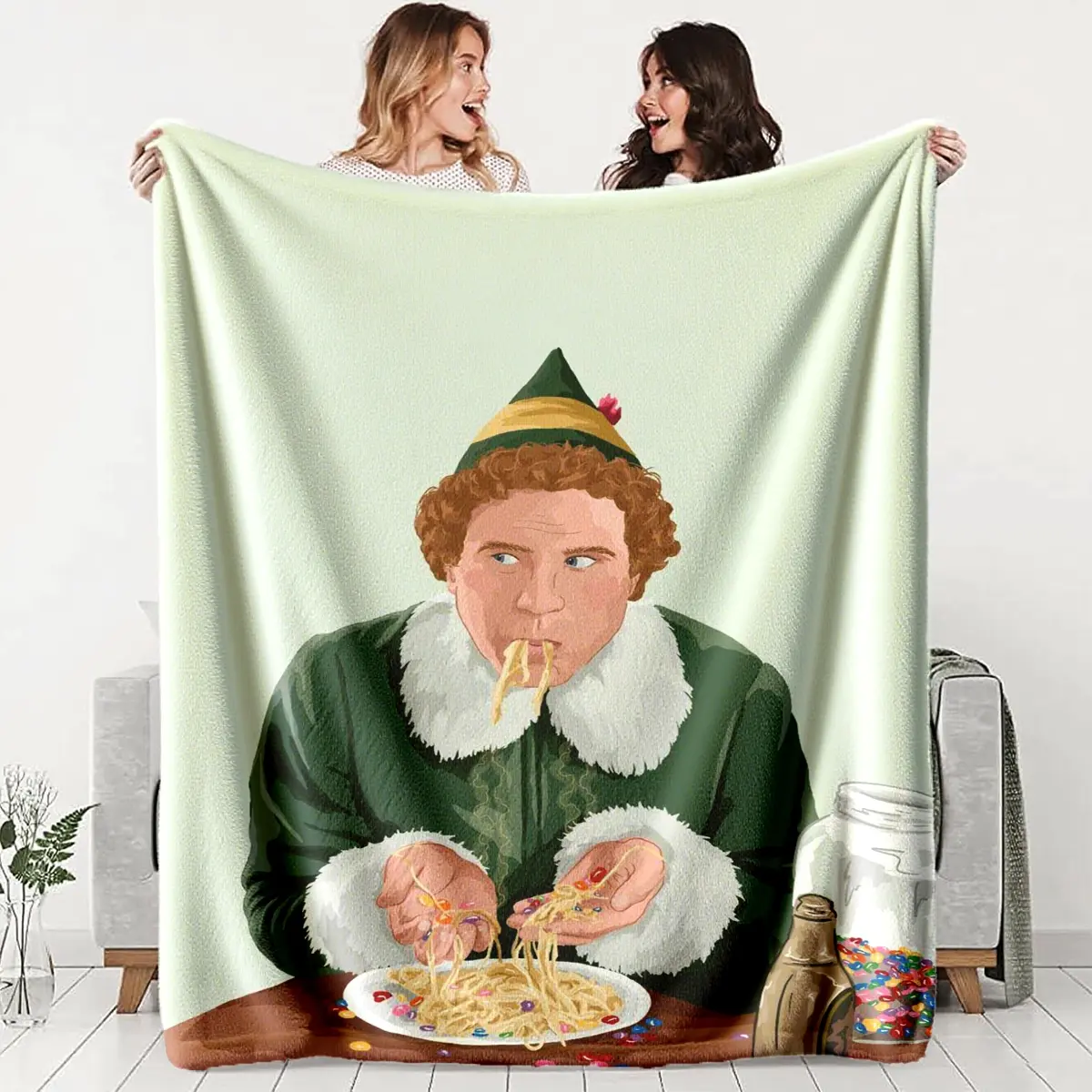 Christmas Elf Eating Noodles Theme Blanket, Multicolor Polyester Fabric, Perfect for Sofa Relaxation and Christmas Decor, Great Gift