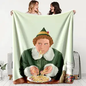 Christmas Elf Eating Noodles Theme Blanket, Multicolor Polyester Fabric, Perfect for Sofa Relaxation and Christmas Decor, Great Gift