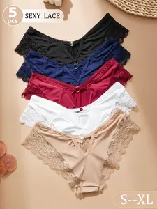Women's Seamless Hollow Out Panties Underwear Set, Silver Color Back Ring Design, Elegant Chic Breathable Lightweight Comfort Fit, All-Season Wear, 5 Pieces
