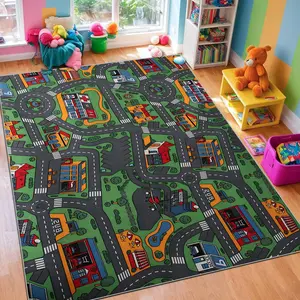 Cartoon City Pattern Area Rug, 1 Count Non-slip Soft Floor Mat, Rectangle Home Decorative Carpet for Living Room Bedroom Nursery