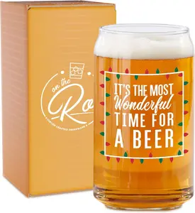 On The Rox Most Wonderful Time for a Beer- Red, Green and White- 16 Ounce Glass- Ideal for Men and Women - Funny Glass Drinking Glasses Drinkware Santa Printed Sturdy