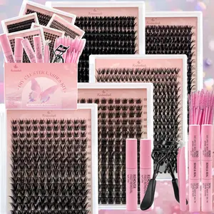 black individual eyelash 1312Pcs High Capacity Lashes Kit 5 Trays D Curl Fluffy Lash Clusters Eyelash Extension Gift Kit Multiple Styles Mixed Length Eyelash Curler Set With 2 Lash Bond&Seal 2 Lash Removers 1Tweezers 30 Lash Brush 1 Lash Curl Cosmetic