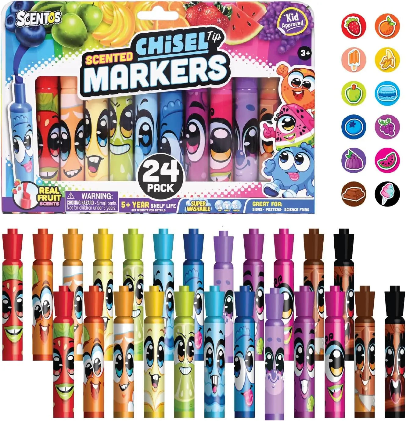 Scentos Fruit Scented Chisel-Tip Colorful Markers - 8/12/24 Pack School Supplies, Kid-Approved Scented Stationery, Super Washable Creative Tools for Coloring Posters