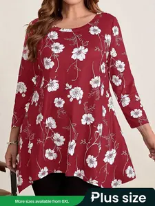 Womens Casual Floral Print Long Tunic Blouse with Plus Size Long Sleeves, Fitted Round Neck Top for All Seasons, Stylish Everyday Wear