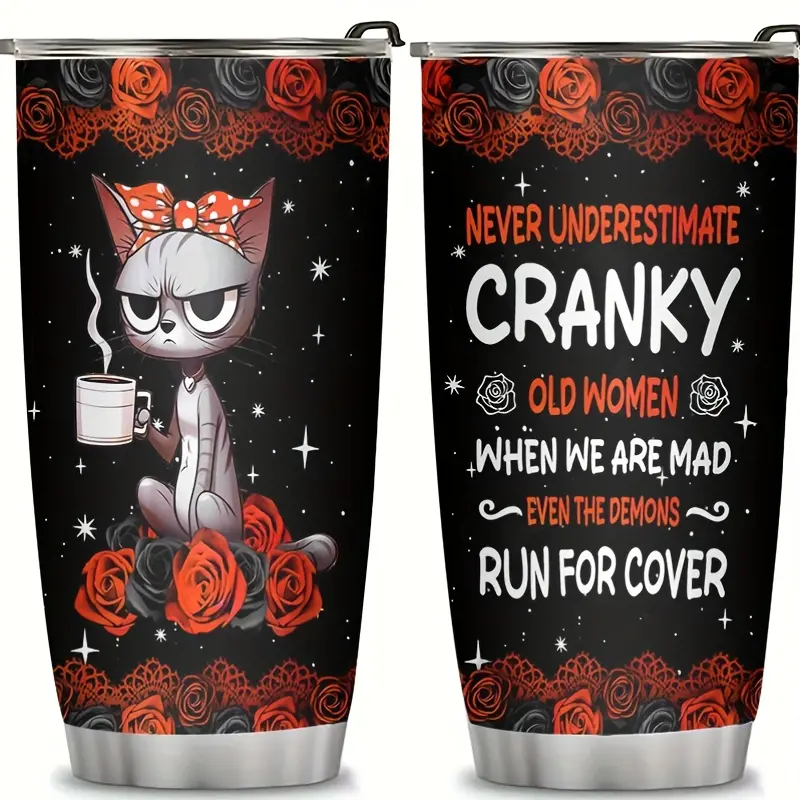 20oz Stainless Insulated Tumbler - Portable Kitchenware Drinkware Vacuum Flask - Funny Cranky Old Woman Design - "Even Demons Run For Cover" Sarcastic Quote - Polka Dot Animals Themed Mother's Day Gift for Grandma