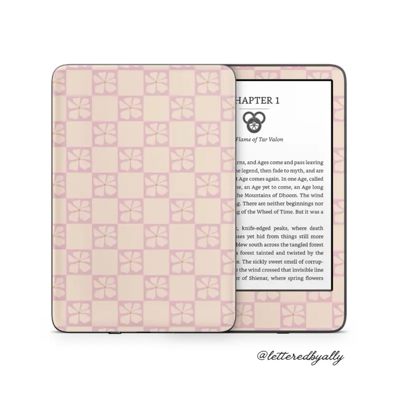 Pink and Cream Checker with Flowers Kindle E-reader Skin Vinyl Decal