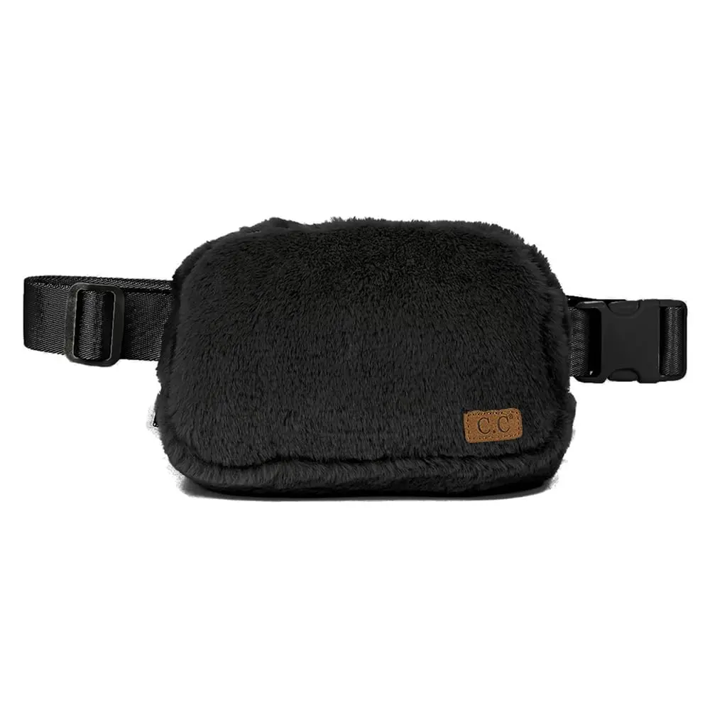 C.C Fuzzy Faux Fur Adjustable Fanny Pack - Women's Unisex Waist Crossbody Belt Bag (Black)