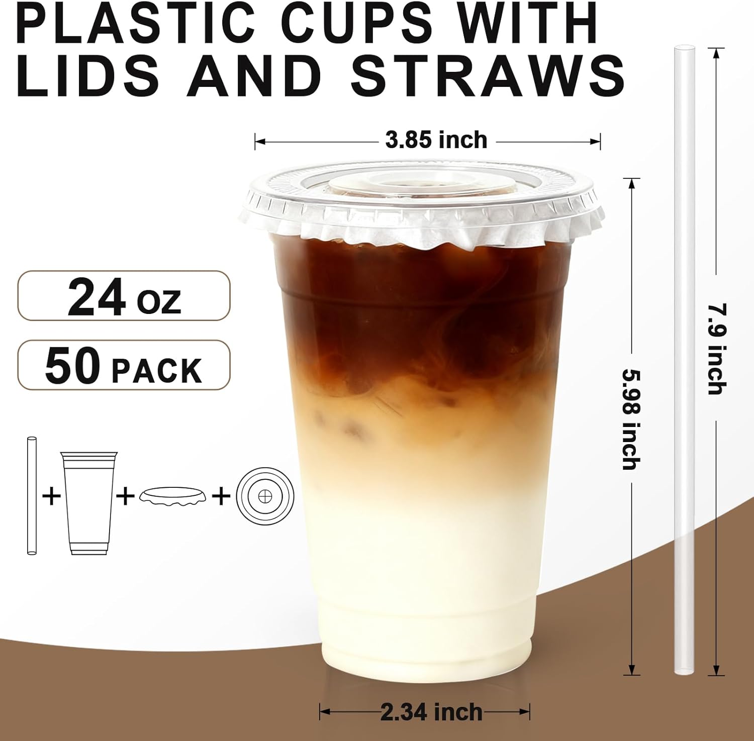 50-Pack 12-32oz Clear Plastic Iced Coffee Cups with Lids and Straws, Disposable To Go Cups for Smoothies, Milkshake, Cold Beverages, Coffee Bar Accessories