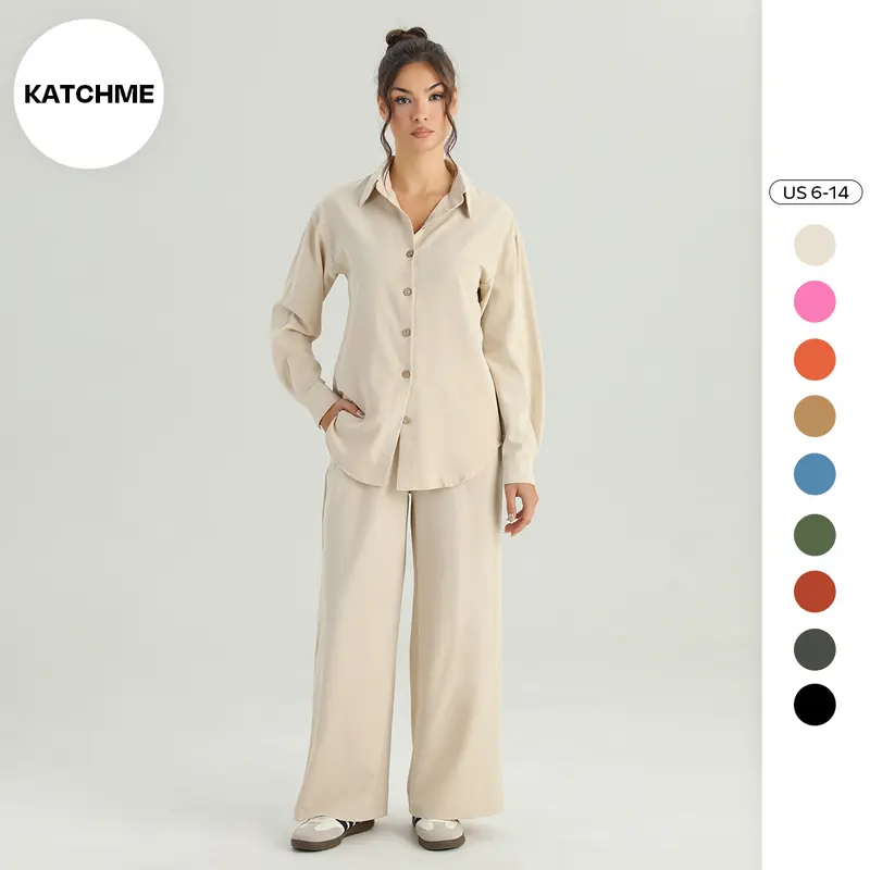 KatchMe Women's Minimalist Solid Color Long Sleeve Button-Up Blouse & Wide Leg Trousers Co-ord, Basic Soft 2 Piece Co-ord Set, Casual Plain Holiday Outfits