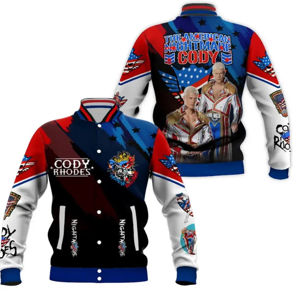 Cody Rhodes The American Nightmare Varsity Jacket Wrestler Portrait Skull Winged Tattoo Logo Print Loose Baseball Jacket Sports Fans Outwear Clothes Fall Winter Spring Daily Outfit