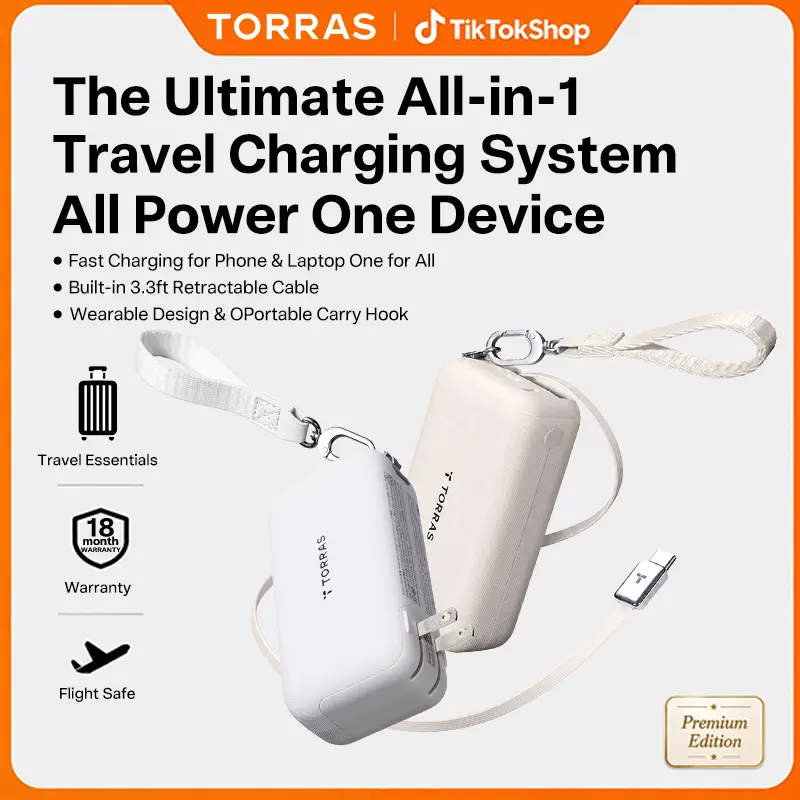 TORRAS PowerGo ALL IN ONE GaN Charger PowerBank Fast Charging Portable Battery with 3.3ft Retractable Cable Travel Hook for All Device, Digital summerwins Travel Essentials Work & Office Convenience Cargador Portátil para Viaje batería externa B