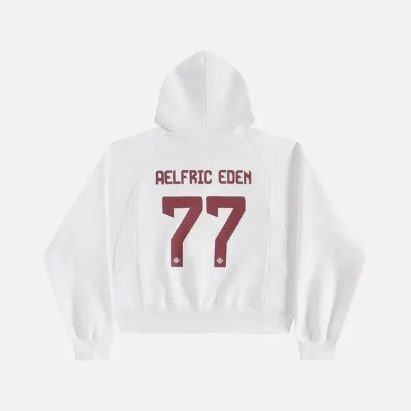 Aelfric Eden Men's 77 Cotton Ribbed Boxy Long Sleeve Pullover Hoodie - Oversized Cropped Fit, 77 Number Badge Graphic Print, Soft Casual Unisex Streetwear Top
