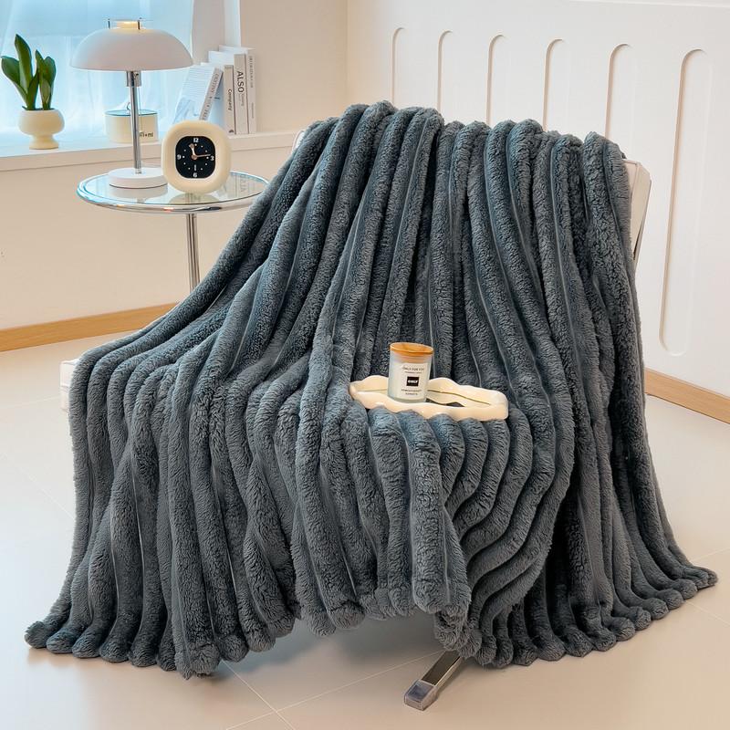 UFIST Warm And Cozy Flannel Blanket, Imitation Rabbit Fur Blanket, Soft And Warm Sofa Blanket, Office Bed Camping Travel Nap Blanket, Four Seasons Multipurpose Striped Pattern Gift Blanket