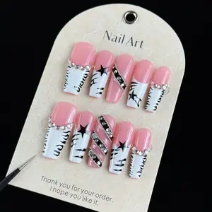 10pcs high-end Sweet and cool girl style, hand-painted zebra pattern and stars, dazzling point diamonds handmade fake nails, Nail stickers suitable for attending music festivals, concerts, party events and carnival activities Rhinestones