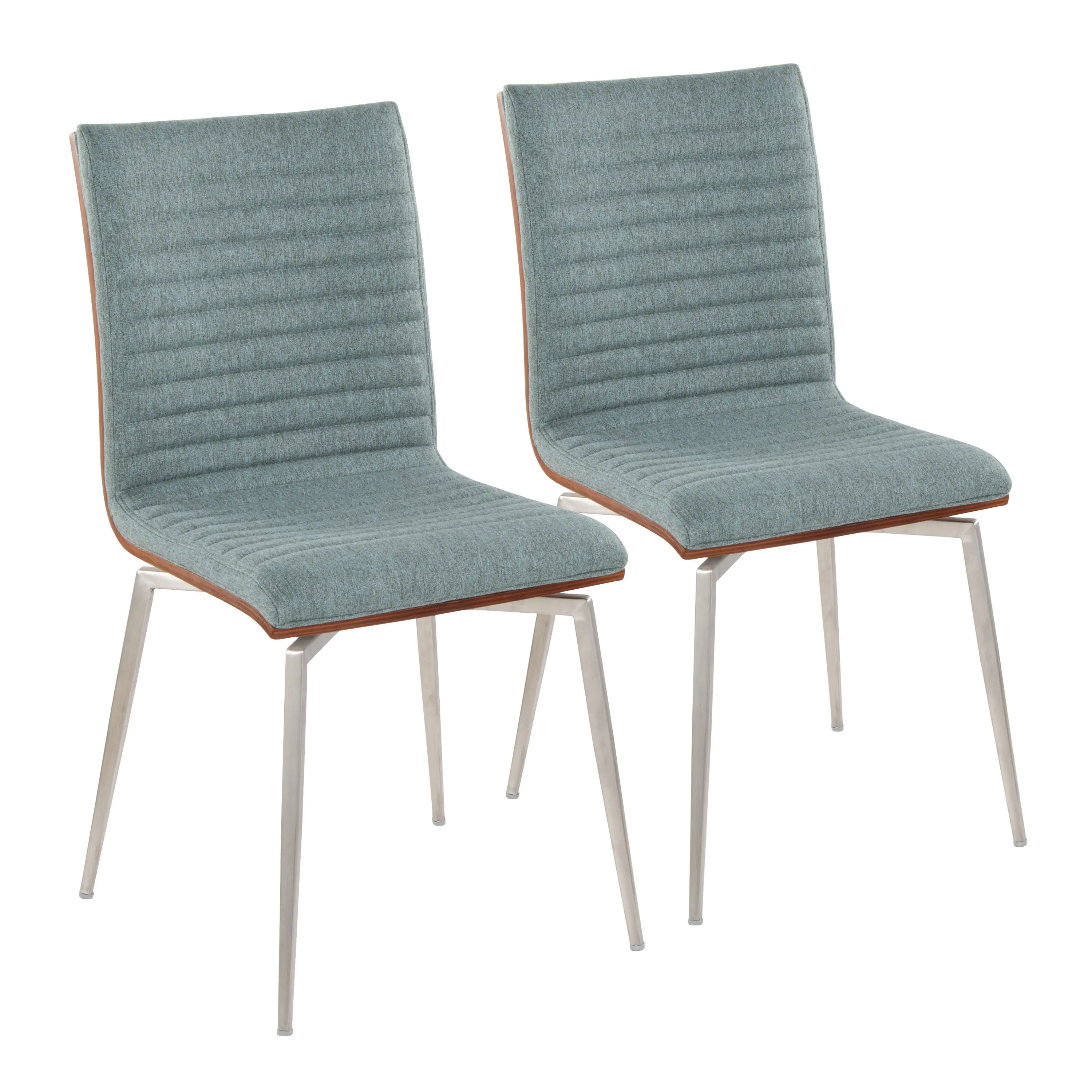 Set of 2 Swivel Dining Chairs with Stainless Steel Base, Walnut Wood Accents, and Green Fabric Upholstery