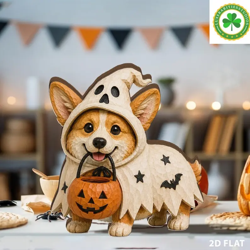 Halloween Corgi Ghost Wooden Block, Spooky Dog Decoration, Corgi Lover Gift