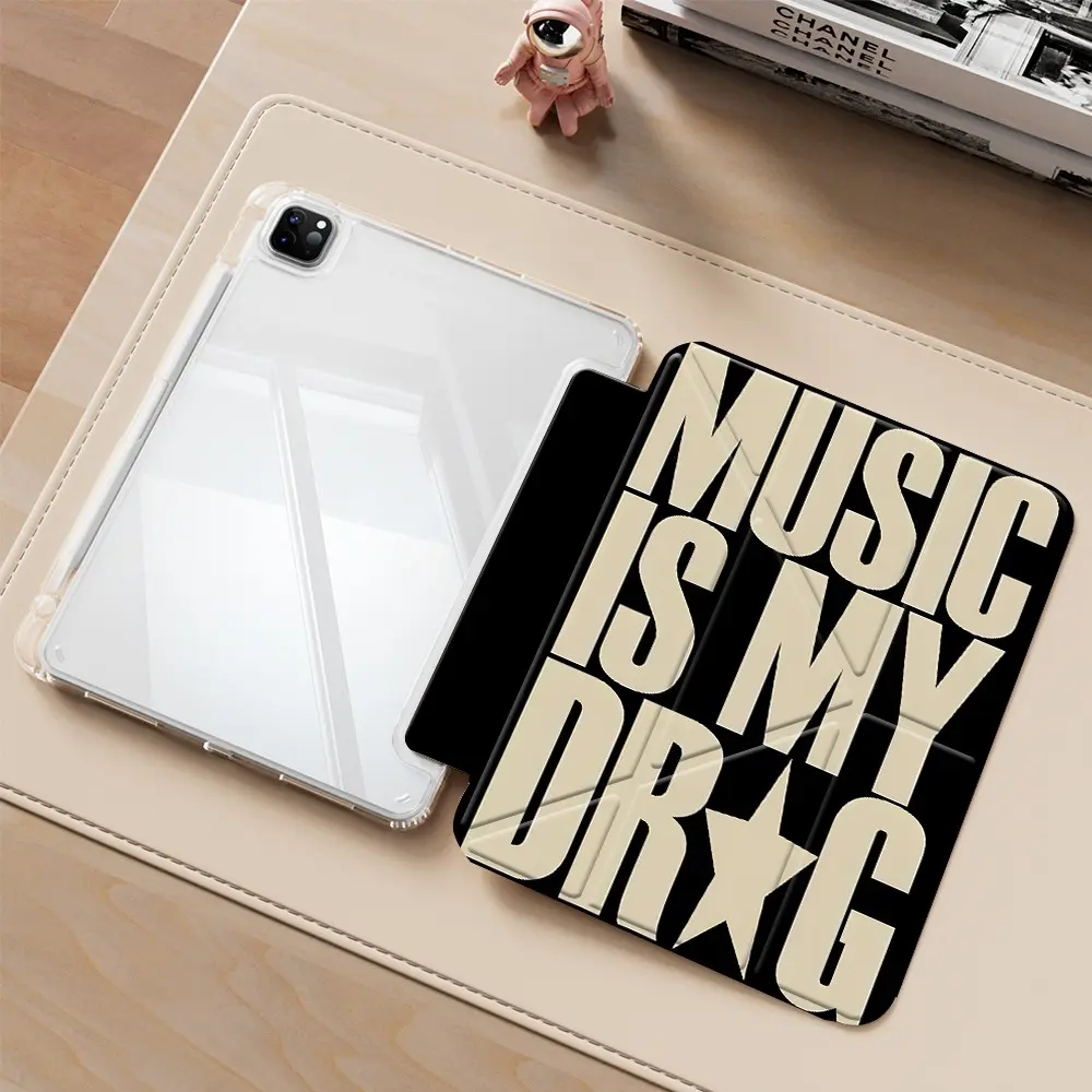 Retro Music Quote "Music Is My Drug" Typography Tablet Case, Tablet Accessories, Tablet Casing, with Transparent Acrylic Y-Fold Stand, Anti-Drop Scratch-Resistant, Fits iPad 7.9/10.2/10.9/11 inch, Shock-resistant Full Cover