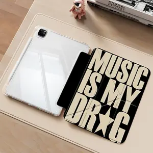 Retro Music Quote "Music Is My Drug" Typography Tablet Case with Transparent Acrylic Y-Fold Stand,Anti-Drop Scratch-Resistant,Transparent Acrylic Back,Fits iPad 7.9/8.3/10.2/10.5/10.9/11/12.9 13 inch,Shock-resistant Full Cover Ideal for Office Accessories