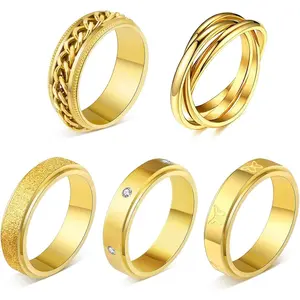 *FRC28 5PCS 18K Gold Plated Fidget Rings for Anxiety Stainless Steel Butterfly Chain CZ Inlaid Spinner Rings for Women Men Anti Anxiety Ring Band Set