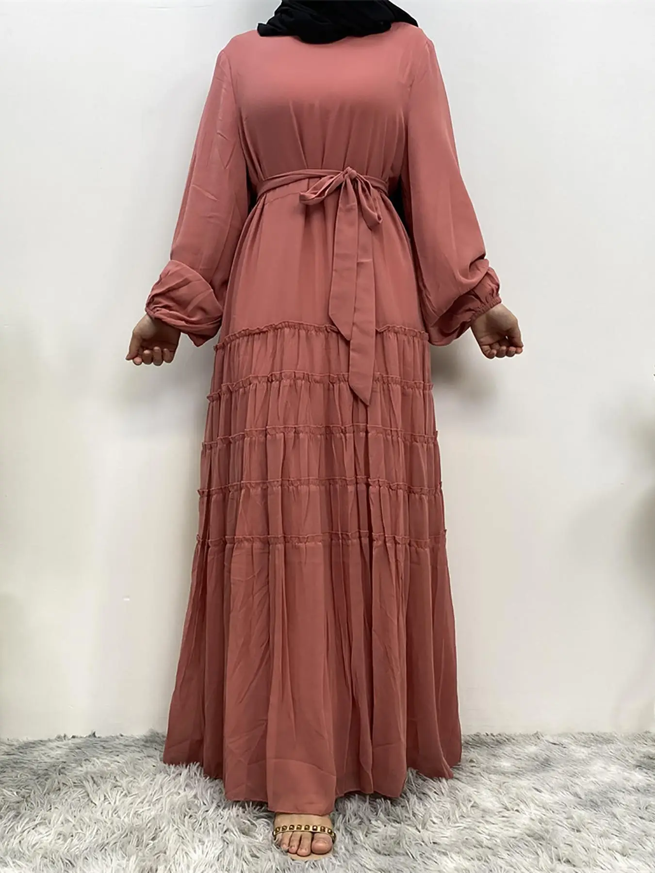 Women's Plain Belted Tiered Layer Maxi Dress, Elegant Bishop Sleeve Long Dress for Party Holiday Wedding Guest, Women's Islamic Clothing for Spring &