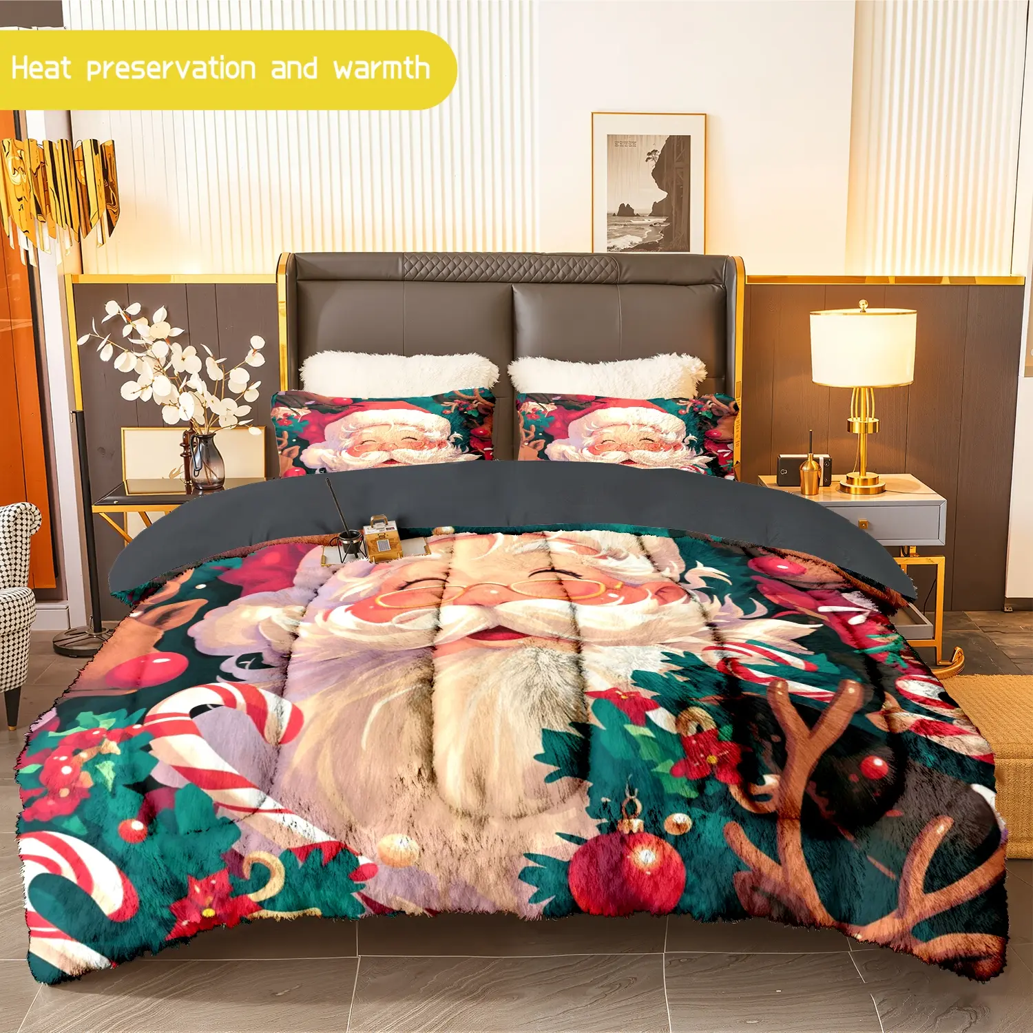 3pcs (1 comforter + 2 pillowcases) Santa Claus Christmas-themed Flannel & Milk Velvet Comforter Set, Soft Cozy Warm Bedding Set, Trendy Milk Velvet Bedding Essentials