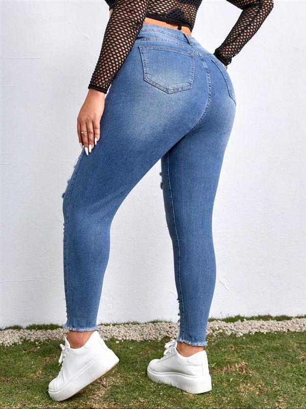 High Waist Ripped Denim Jeans, Stretchy Plus Size Skinny Fit Pants, Casual Fashion for Women, Comfortable Daily Wear
