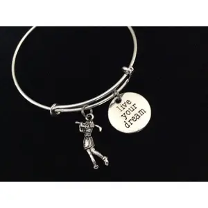 Woman Golfer Live Your Dream Golf Expandable Silver Charm Bracelet Adjustable Wire Bangle