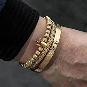 3Pcs King Crown Bracelet Set, Stainless Steel Roman Bangle, Stylish Hip Hop Jewelry Gift for Men & Women