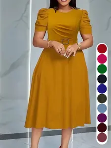 Summer Camel Bubble Sleeve Midi Dress, Slim-Fitting A-Line with Waist Belt, Elegant Office Wear, Perfect for Church Weddings