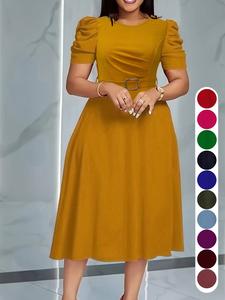 Summer Camel Bubble Sleeve Midi Dress, Slim-Fitting A-Line with Waist Belt, Elegant Office Wear, Perfect for Church Weddings