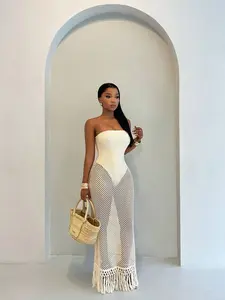 Women's Crochet Mesh Tassel Dress | Strapless Faux Two Piece Beach Dress | Sexy Summer Vacation Outfit