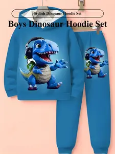 Boys' Fashion Dinosaur Pattern 3D Printed Casual Hoodie Set, Long Sleeve Sports Wear, Spring Fall Winter Outdoor Hoodies