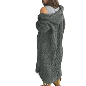 Womens Casual Long Sleeve Open Cardigan Warm Hooded Outwear Coat Cable Knit Long Cardigan Sweaters with Pockets Korean Style Winter Medium Length