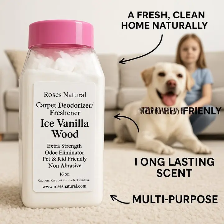 Roses Natural Ice Vanilla Wood Carpet Deodorizer/Freshener - Extra Strength Odor Eliminator, Pet & Kid Friendly, Non Abrasive, Long Lasting Scent, Multi Purpose Freshener