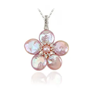 Aurora Baroque Pink-Purple and White Pearl Flower Necklace  Handwoven Removable Pendant for 17" & 20" Chains&Handmade Baroque ear studs