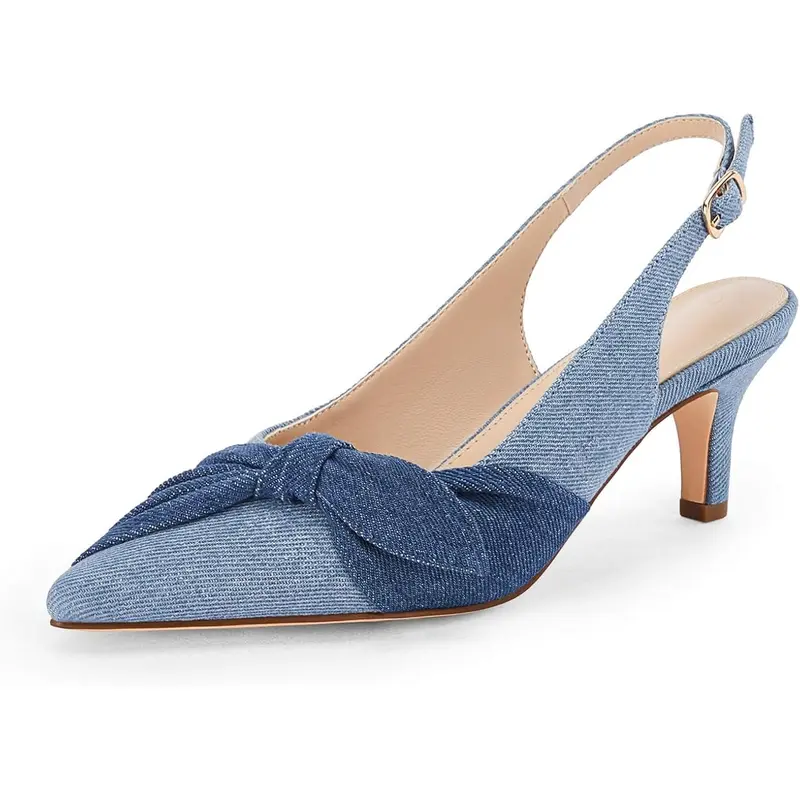 Coutgo Womens Bow Heels Slingback Pumps Low Kitten Heels Closed Pointed Toe Sandals Denim Dress Shoes