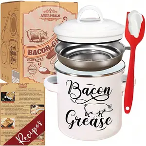 Enamel Bacon Grease Container 46OZ with Strainer,Spatula,Dual Handles & Lid for Kitchen Use Stainless Utensils Canister Dispensers Cooking Kitchenware