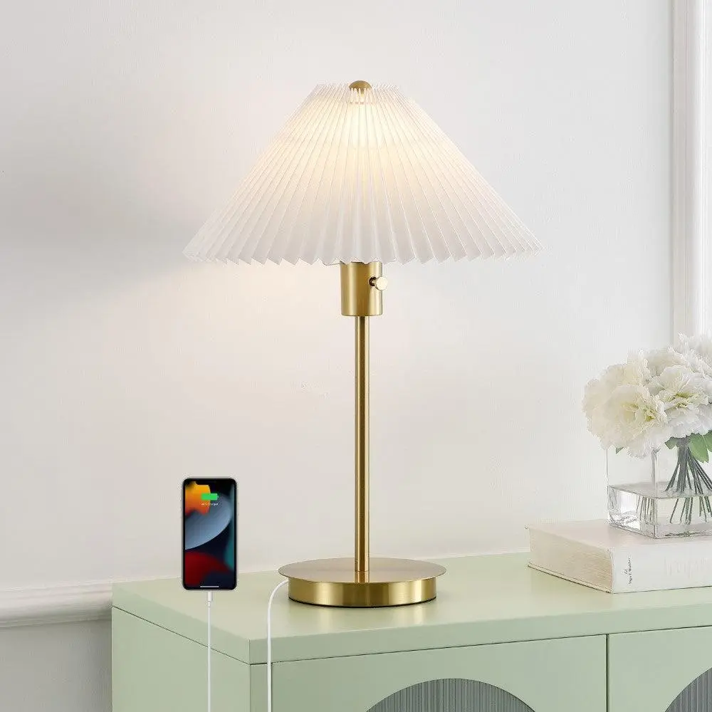JONATHAN Y Freida Modern Glam Metal Column LED Table Lamp - Table Lamp Decoration with USB Charging Port, Pleated Shade, LED Lights for Bedroom, Living Room