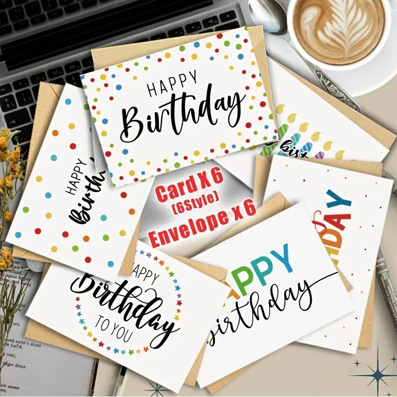 12pcs Happy Birthday Cards with Envelopes, 6 Designs, Greeting Cards Assortment, Craft Paper Envelopes and Labels, Wedding Invitations, Thank You Cards