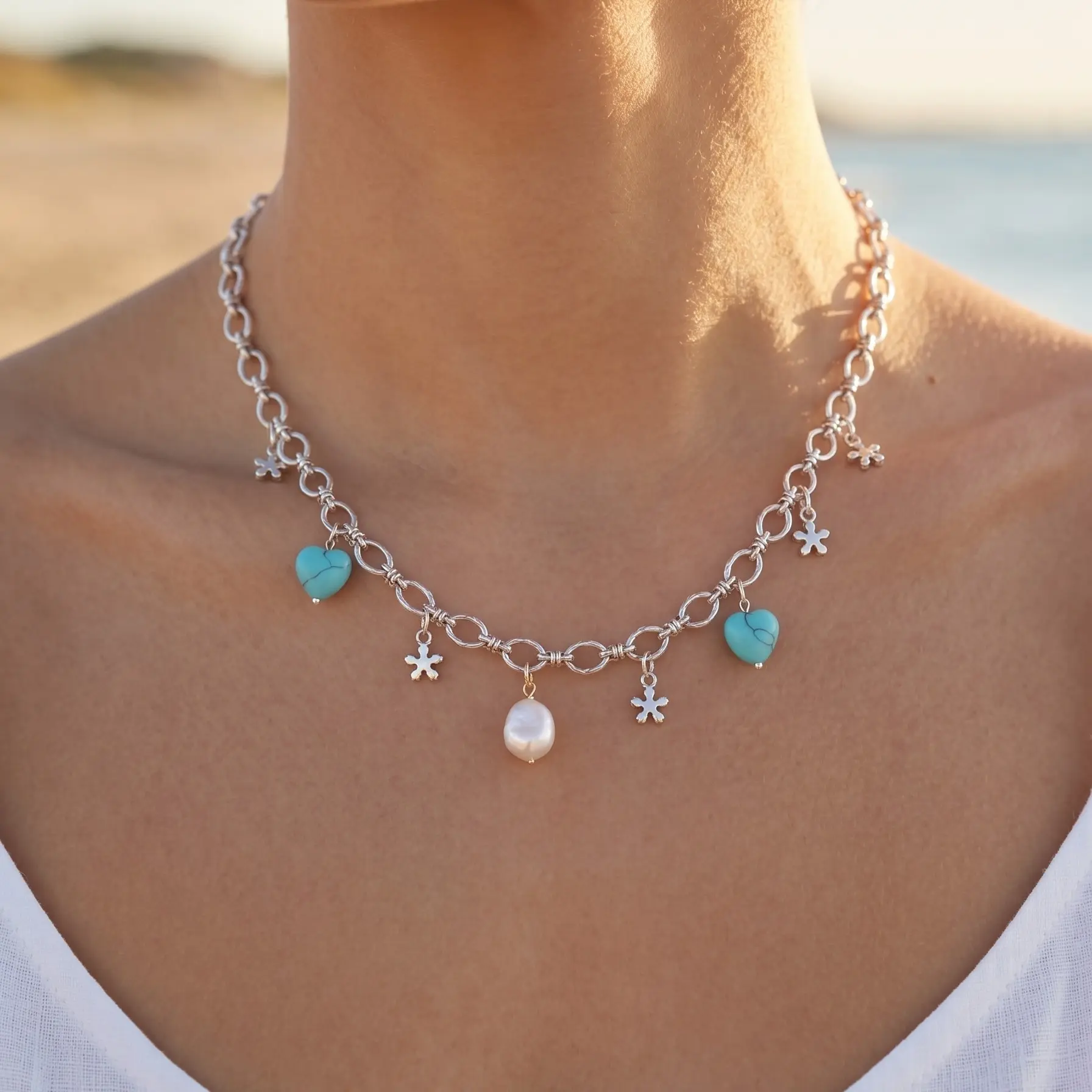 Turquoise Heart & Pearl Dangle Necklace Non Tarnish Waterproof Charm Necklace