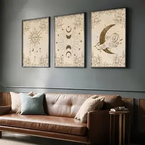 3pcs Wooden Frame Dark Academy Wall Art, Vintage Spiritual Celestial Bohemian Bedroom Decor, Mystery Style Hanging Paintings, Art Wall Decoration