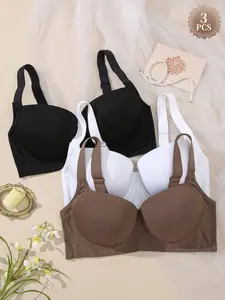 3PCS Women's Plus Size Seamless Push-Up Bra, Underwear, Full Coverage Minimizer T-shirt Bra, Adjustable Wide Straps, Underwire Medium Support, Soft Comfortable Breathable Everyday Fit