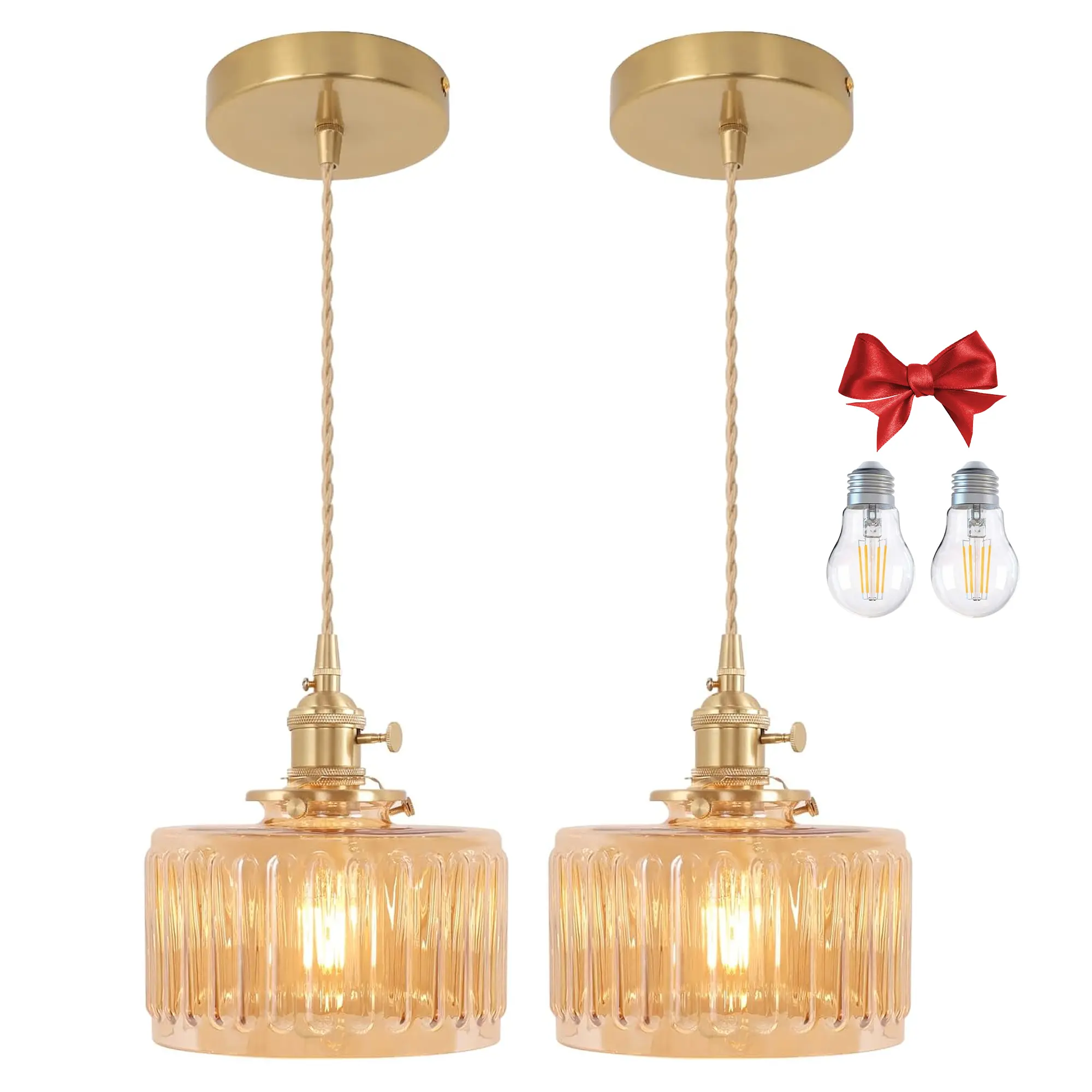 Amber Striped Glass Pendant Light, 2 Natural Light Bulbs Included, Adjustable Cord with Switch, Suitable for Kitchen Island/Dining Room