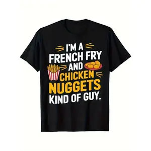 Funny French Fry & Chicken Nuggets Graphic T-Shirt for Boys - Breathable Cotton Crew Neck Short Sleeve Tee, Casual Summer Streetwear, Perfect Gift for Youngsters, Black with Yellow Print, Humorous Tee| Playful Graphic Tee| Medium Stretch Fabric