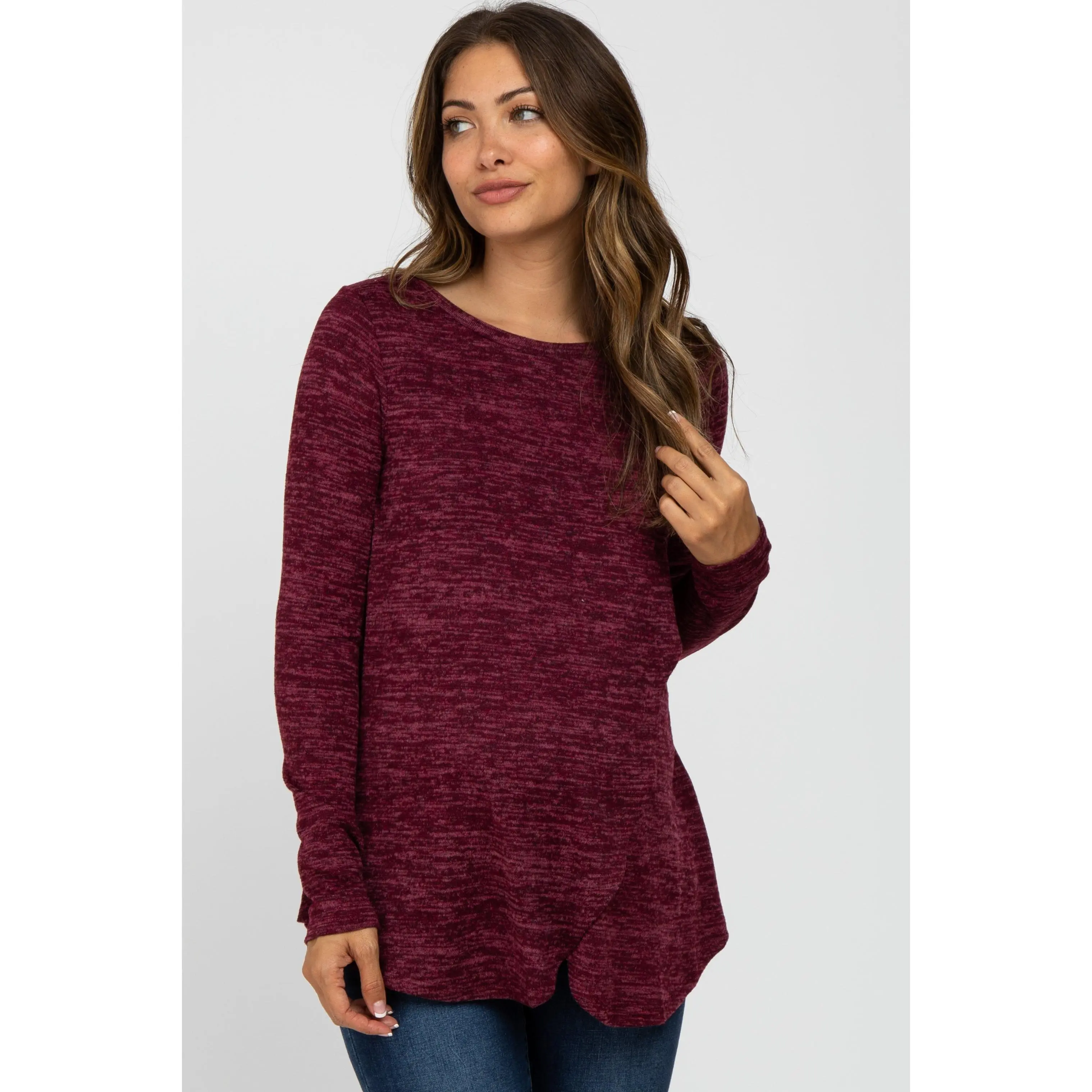 Maternity Nursing Top in Burgundy Heather, Soft Knit Long Sleeve Layered Pregnancy Clothes with Easy Nursing Access, Maternity Wear, Soft Nursing Clothes
