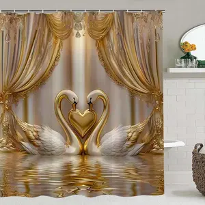 Swan Pattern Shower Curtain Set, Includes Hooks, Bath Mat, Toilet Lid Cover, U-Shaped Pad, Bathroom Shower Equipment, Bathroom Decor, Bathroom Accessory, Ideal Gift for Family & Friends