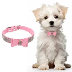PETAXCELL Cute Dog Collar with Bling Rhinestone, Bling Dog Collar Adjustable Leather Diamond Sparkling Jewel Accessories 17", (Pink), Intended for Teacup / Cat / Small Medium Large Pet