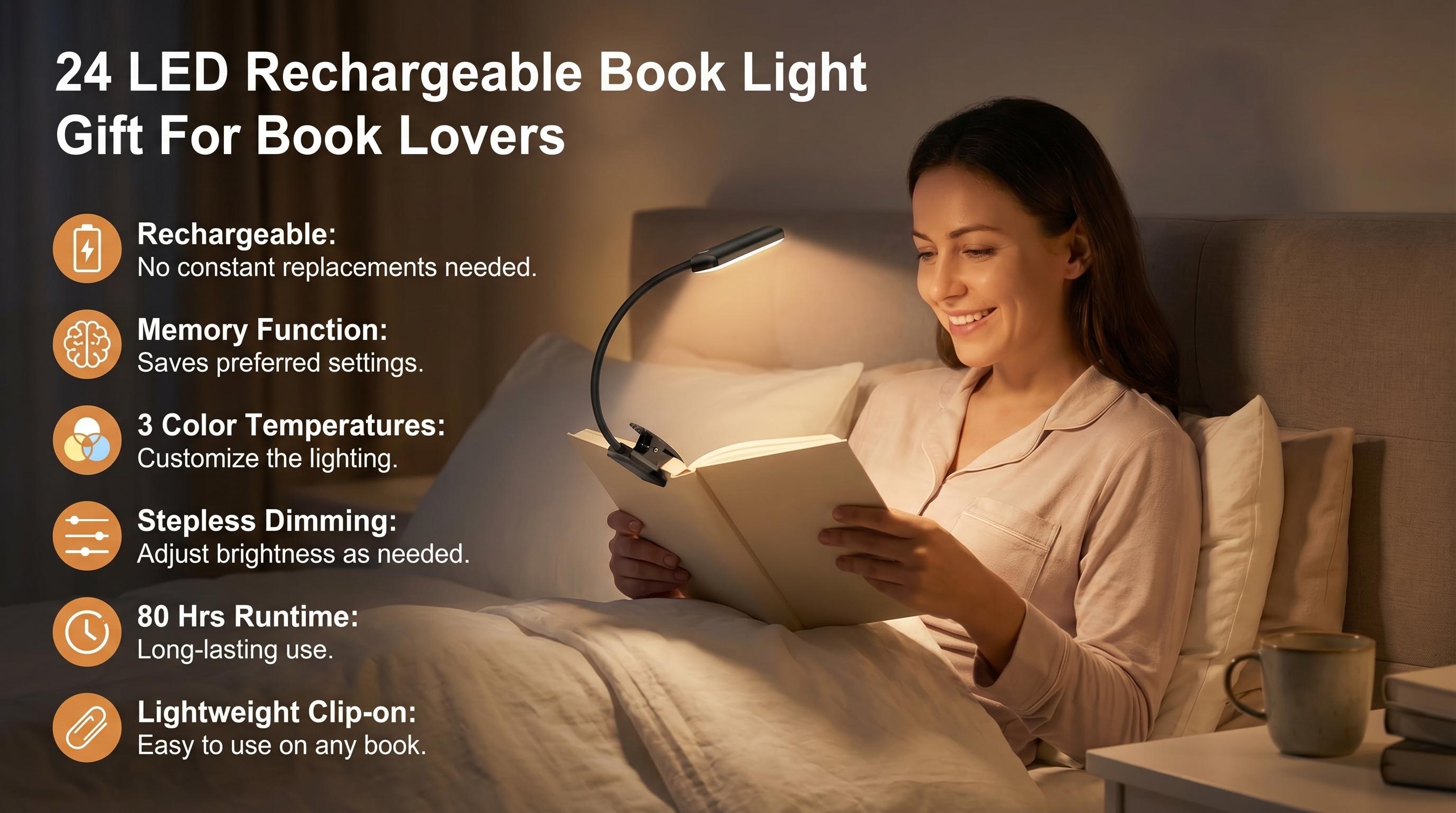 Rechargeable LED Book Light for Reading in Bed – Clip-On Reading Light with 3 Color Modes, Stepless Dimming, Memory Function & Long Battery Life, Eye-Care Portable Light for Book Lovers